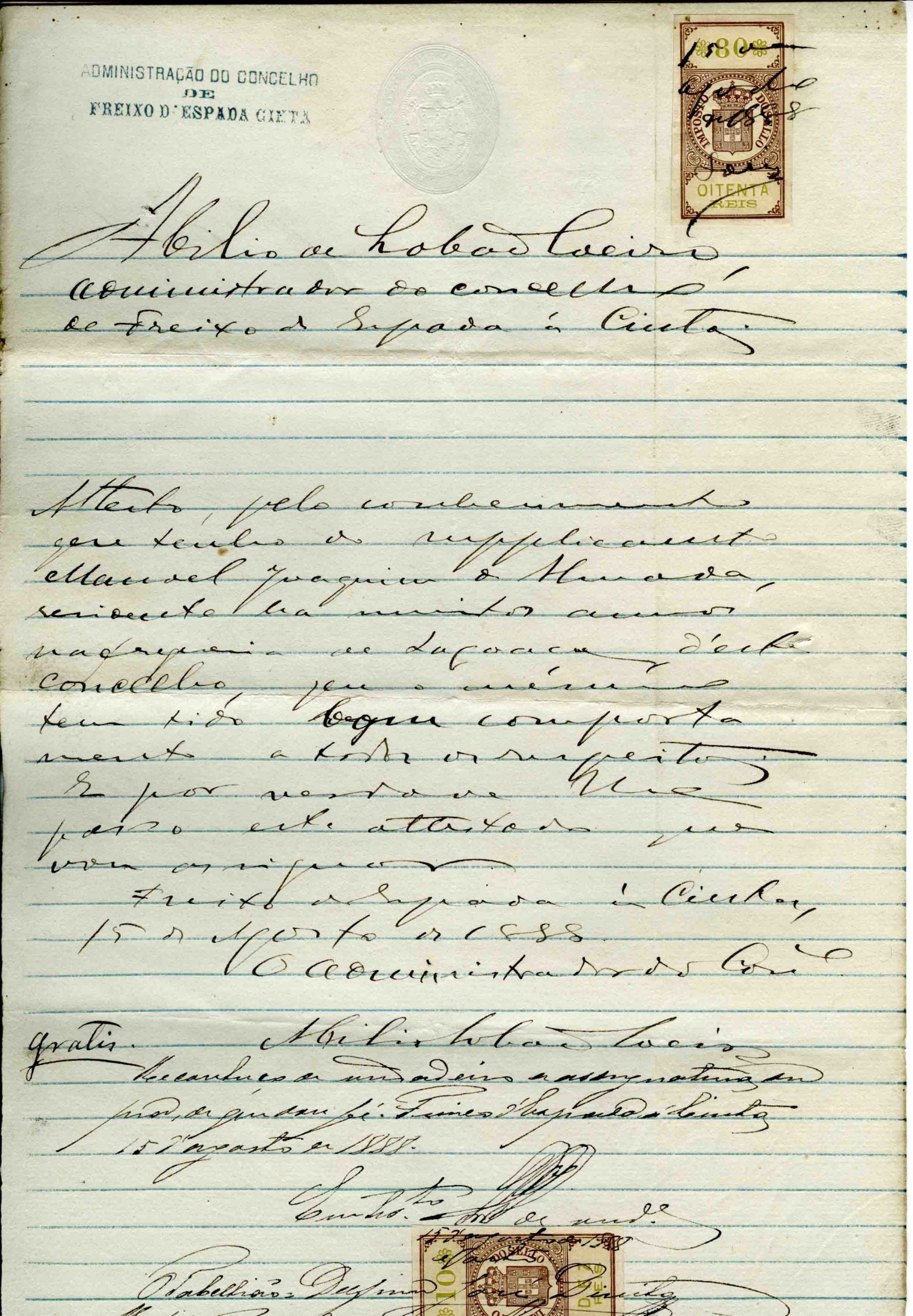 Atestado peli Administrador do Concelho, 1888, 1 folha