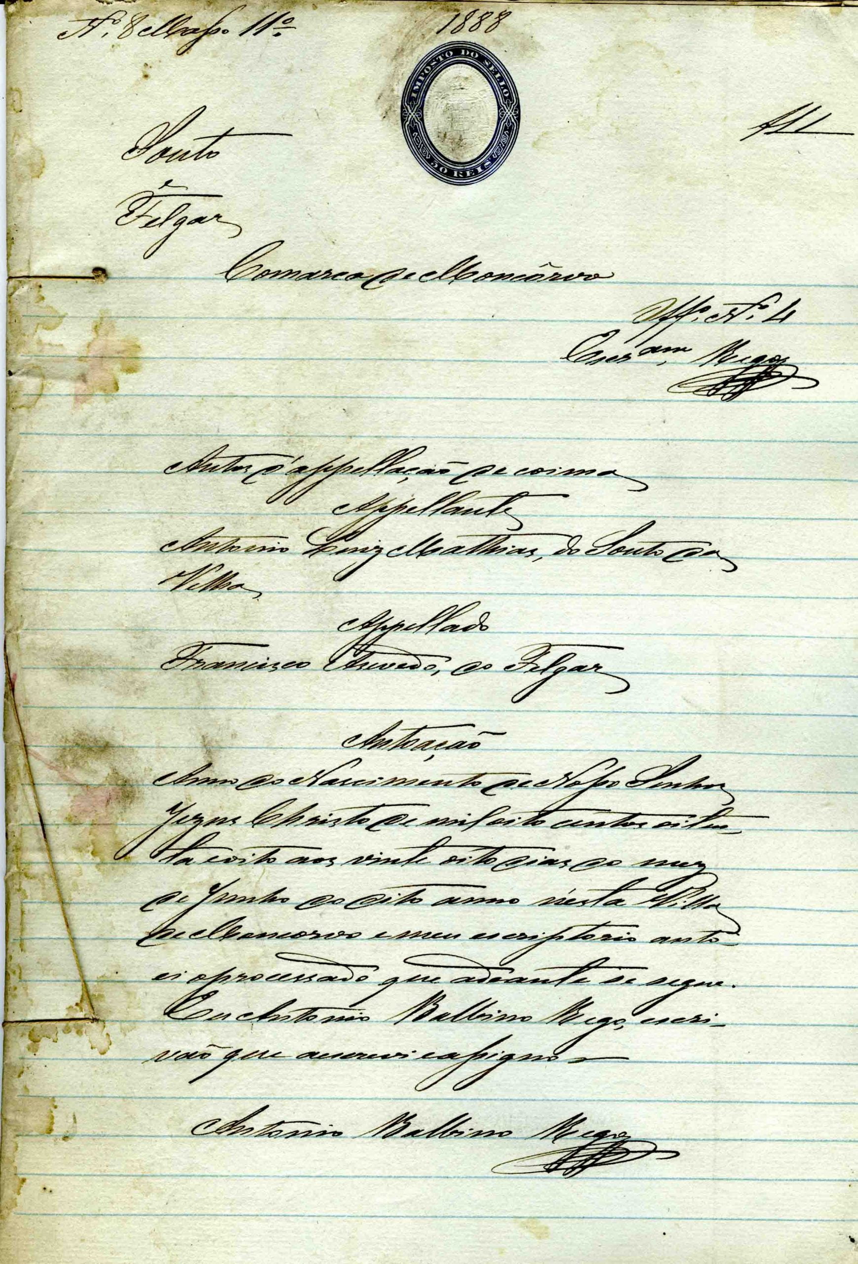 Auto de Apelação de Coima, António Juís Mathias, 1888, 19 folhas