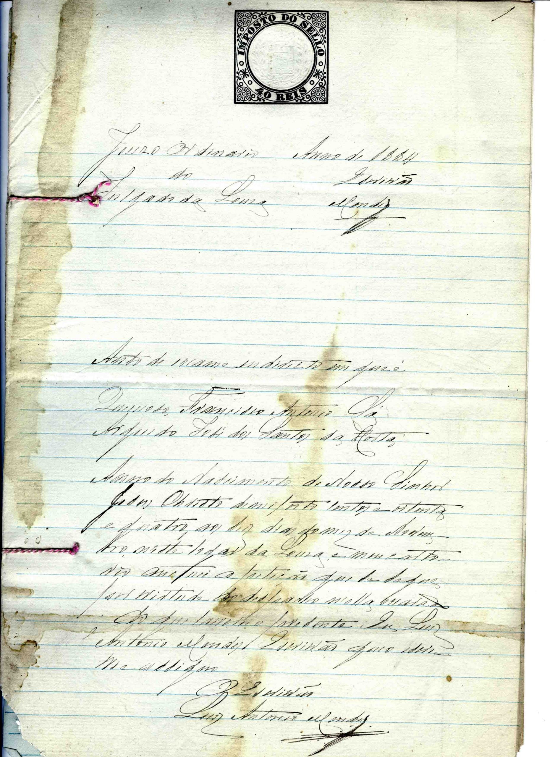 Auto de Exame indireto, Francisco António Sá, 1884, 8 folhas