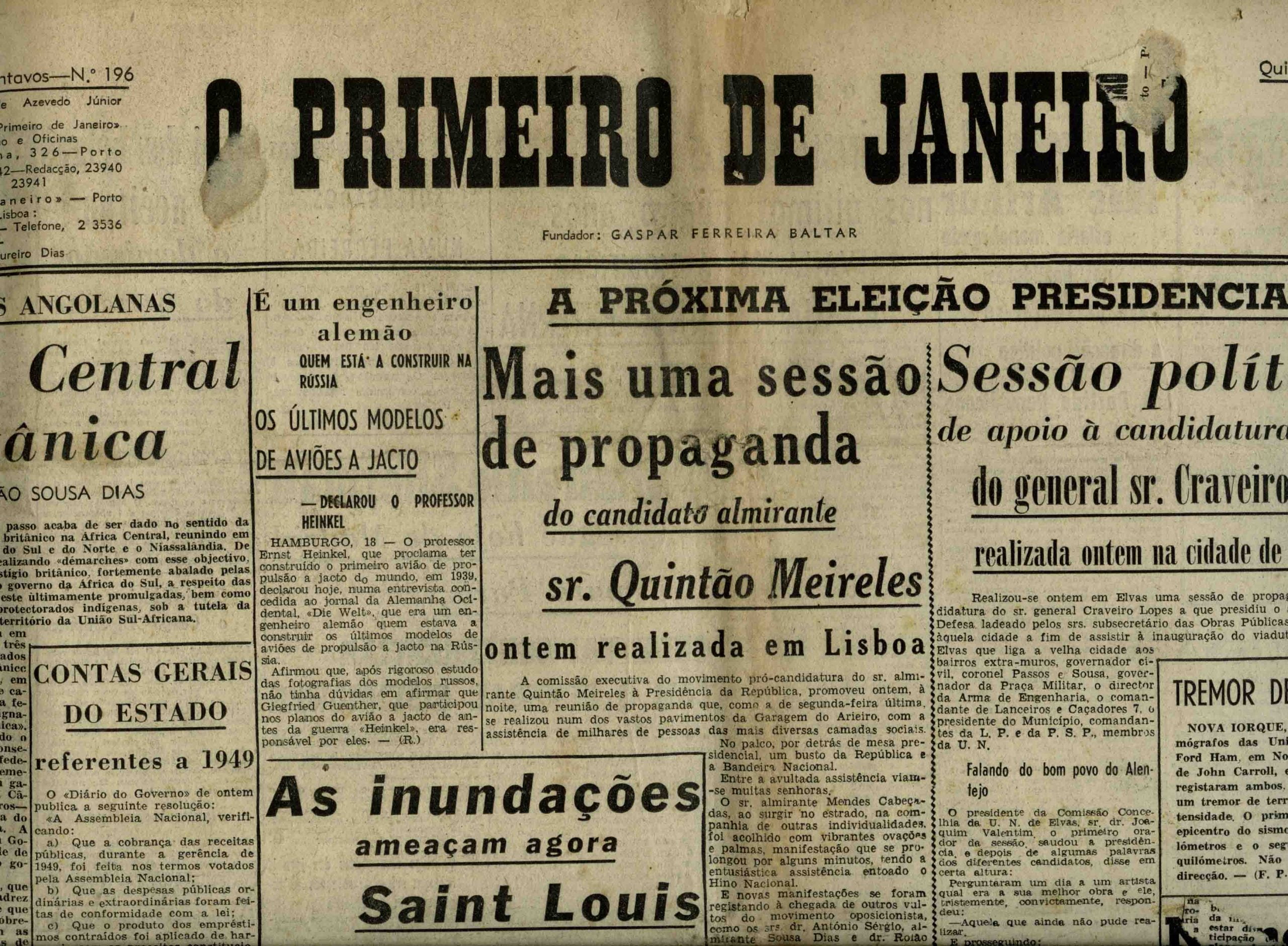 Candidatura do General Craveiro Lpes, O Primeiro de janeiro, 19 de Julho de 1951