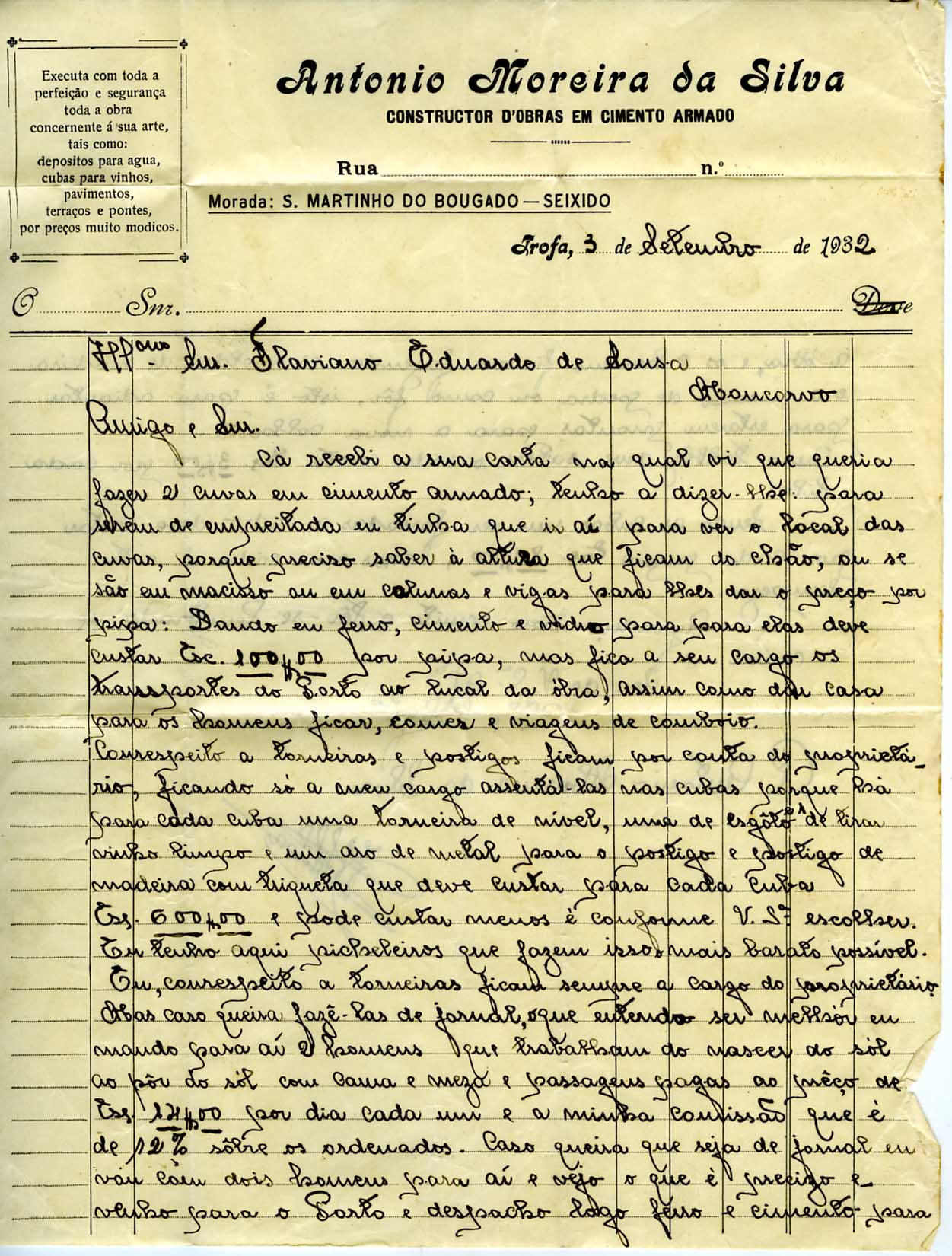 Carta para Flaviano  Eduardo de Sousa, Negociante, Moncorvo, 1932