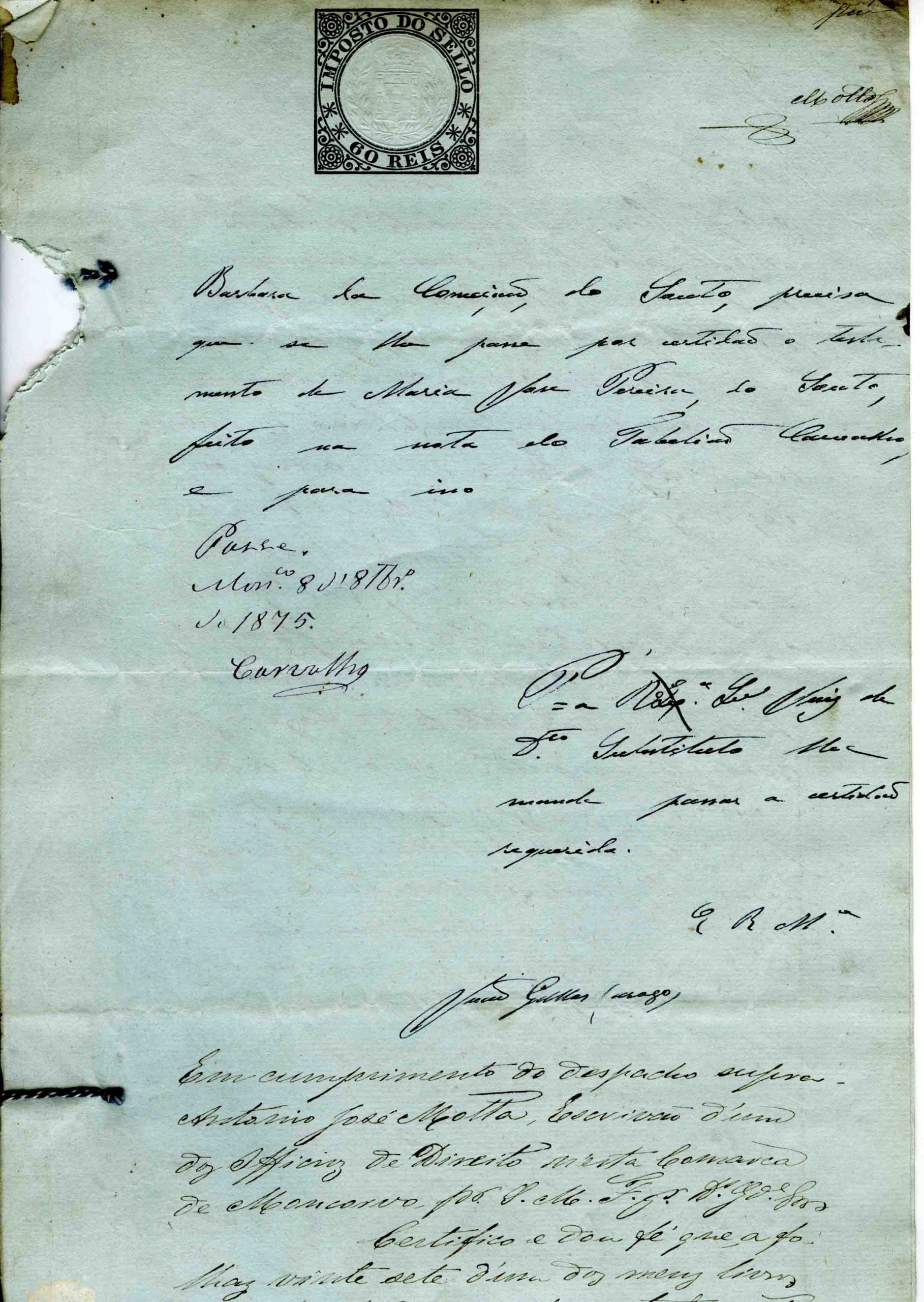 Certidão de testamento de Bárbara da Conceição, Souto, 1875, 4 folhas