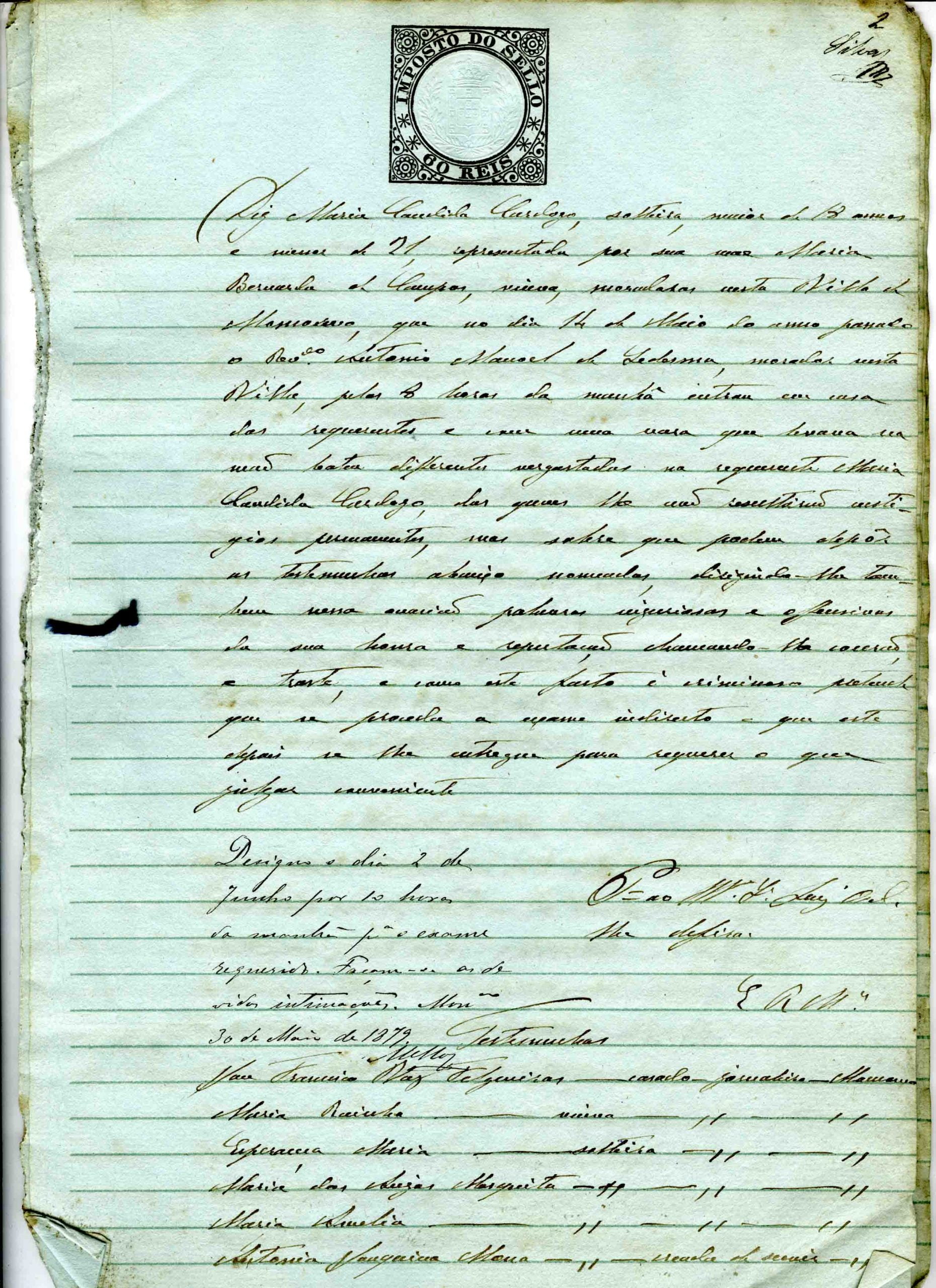 Processo de Maria Cândida Cardoso contra o padre António Manuel Ledesma, 1879, 12 páginas