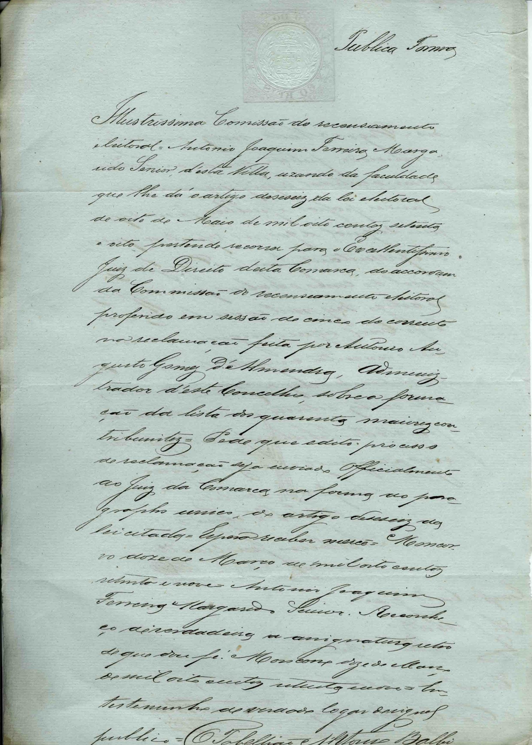 Pública forma, Reclamação de António Gomes d`Almendra, 1879