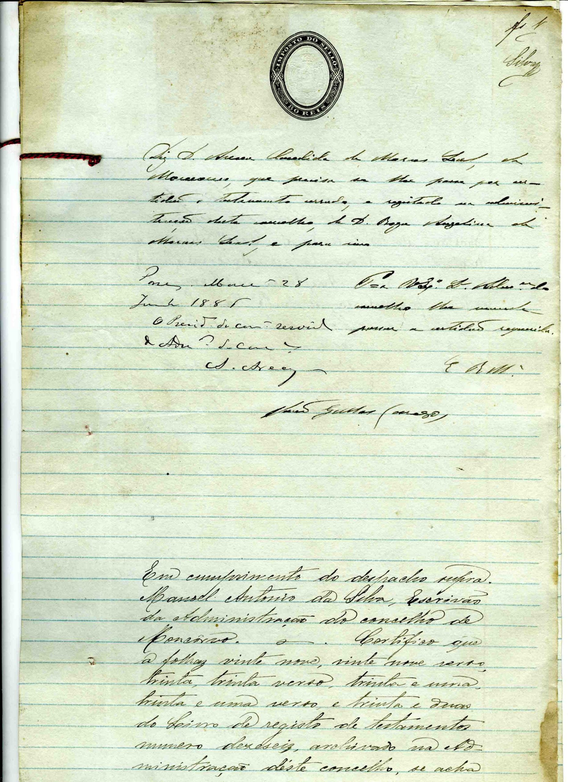 Traslado de Testamento de Roza Angelina de Moraes Leal, 1885, 6 folhas